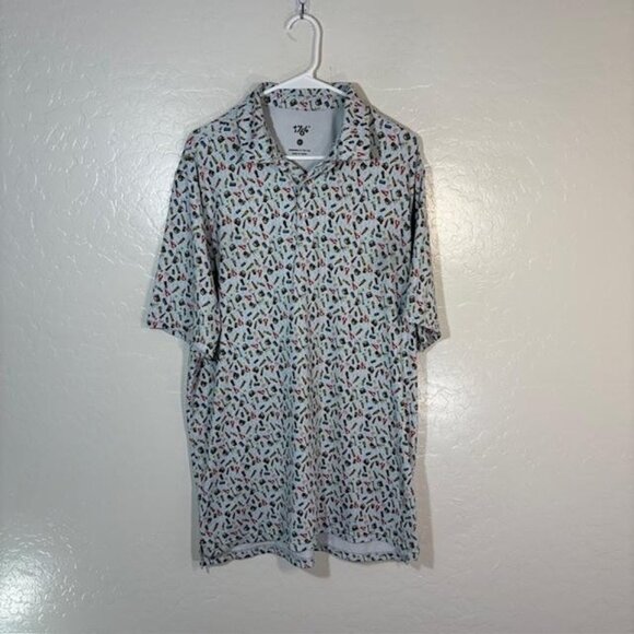 1764° Polo Shirt Mens Large Light Blue Lobster Beer Print Stretch Golf Allover - Picture 1 of 7